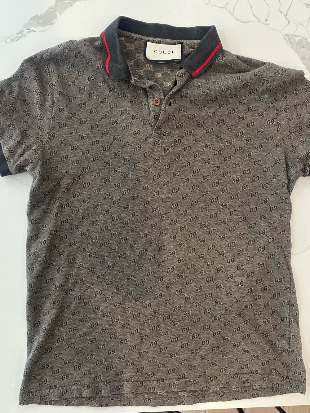 Gucci Men's Gray Monogram Polo with Black Collar and Red Trim